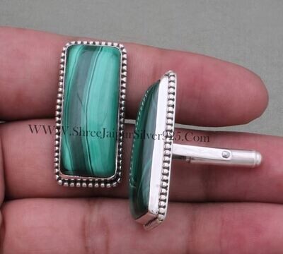 Malachite Natural Solid 925 Sterling Silver Cufflink, Men's Jewelry Rectangle Bar Gemstone Cuff links Handmade Cuff links Silver Cuff links