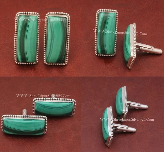 Malachite Natural Solid 925 Sterling Silver Cufflink, Men's Jewelry Rectangle Bar Gemstone Cuff links Handmade Cuff links Silver Cuff links