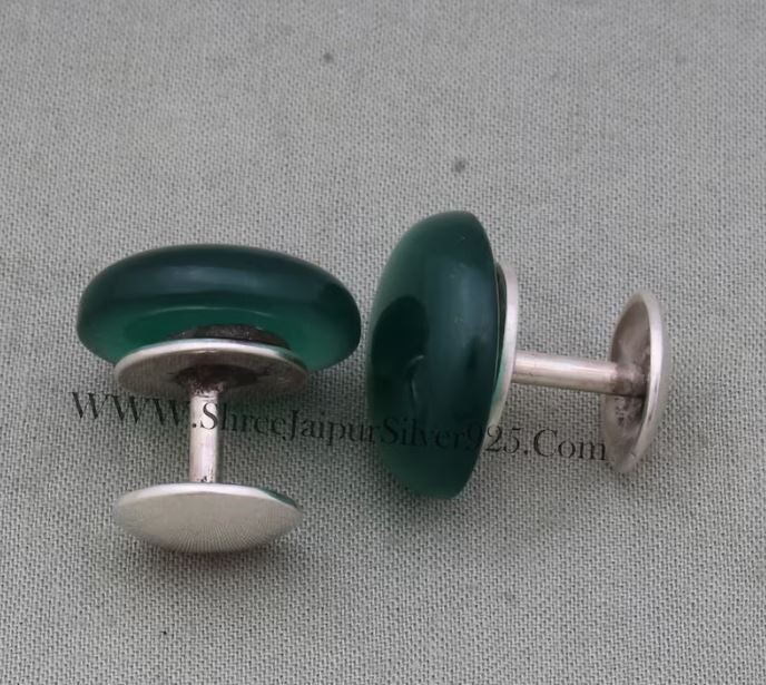 Men's Cufflink, Green Jade Gemstone Cufflink, 925 Sterling Silver Cufflink, Round Gemstone Cufflink, Silver Handmade Cufflink, Gift For Him