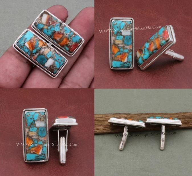Oyster Copper Turquoise Silver Cufflink, Mens jewelry 925 Sterling Silver Cufflink, Rectangle Gemstone Cufflink Handmade Cufflink Gift Idea