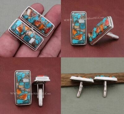 Oyster Copper Turquoise Silver Cufflink, Mens jewelry 925 Sterling Silver Cufflink, Rectangle Gemstone Cufflink Handmade Cufflink Gift Idea