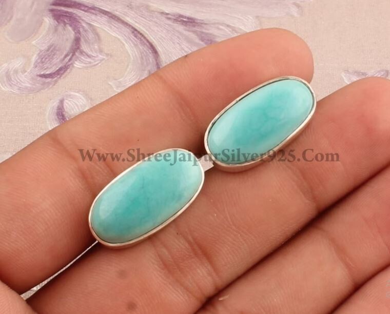 Men's Jewelry Tibetan Turquoise Cuff-link, 925 Sterling Silver Cuff link, Oval Gemstone Cuff-link, Silver Handmade Cufflink Gift For Him