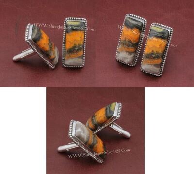 Bumble Bee Silver Cufflink, Rectangle Gemstone Cufflink Handmade Cufflink Gift For Him Men's jewelry 925 Sterling Silver Cufflink For Men's