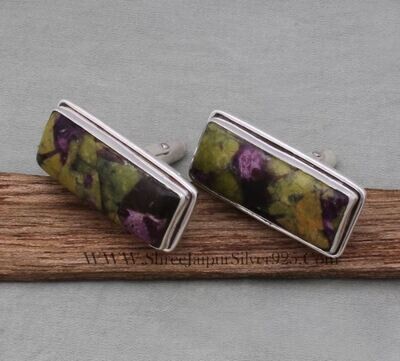 Ruby Zoisite Solid 925 Sterling Silver Cufflink, Rectangle Bar Gemstone Cuff links Handmade Cuff links Men's Jewelry Cuff links Gift For Him