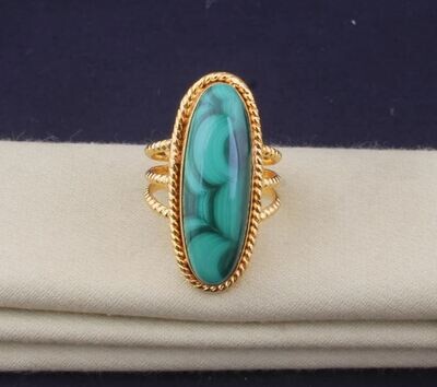 Malachite Gemstone Brass Ring, 22k Gold Plated Ring, Long Stone Ring, Boho Ring, Dainty Ring, Handmade Gemstone Women Ring, Gift For Women
