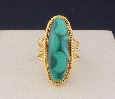 Malachite Gemstone Brass Ring, 22k Gold Plated Ring, Long Stone Ring, Boho Ring, Dainty Ring, Handmade Gemstone Women Ring, Gift For Women