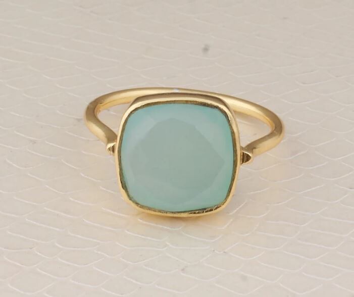 22kt Gold Plated Brass Aqua Chalcedony Cushion Faceted Statement Ring For Women, Handmade Gemstone Gold Ring Gifts Idea For Jewelry Wedding