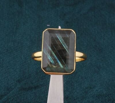 Labradorite Gemstone Brass Ring, Handmade Ring, Statement Ring, 22k Gold Plated Ring, Boho Ring, Rectangle Stone Women Ring, Gift For Her