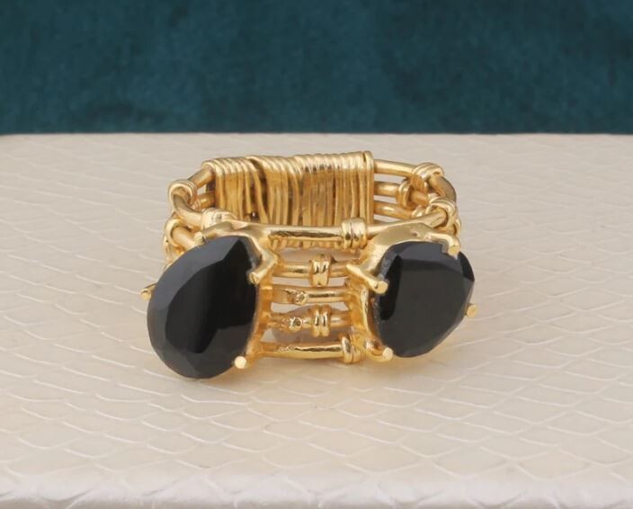 Black Onyx Wire Wrapped 22kt Gold Plated Brass Ring For Men Women, Handmade Two Gemstone Gold Ring Gifts Idea Wedding Anniversary Birthday