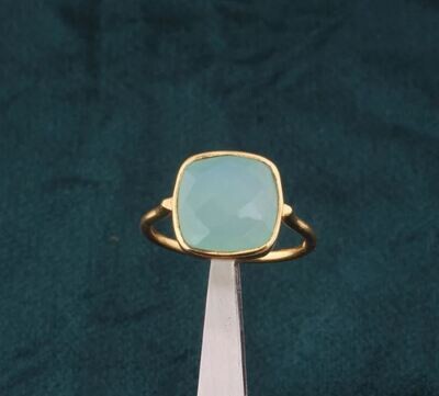 22kt Gold Plated Brass Aqua Chalcedony Cushion Faceted Statement Ring For Women, Handmade Gemstone Gold Ring Gifts Idea For Jewelry Wedding