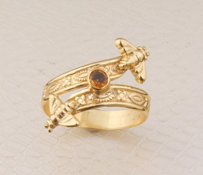 Citrine Double Band 22kt Gold Plated Brass Ring For Men Women, Handmade Round Honey Bee Gold Ring Gifts Idea Wedding Anniversary Birthday