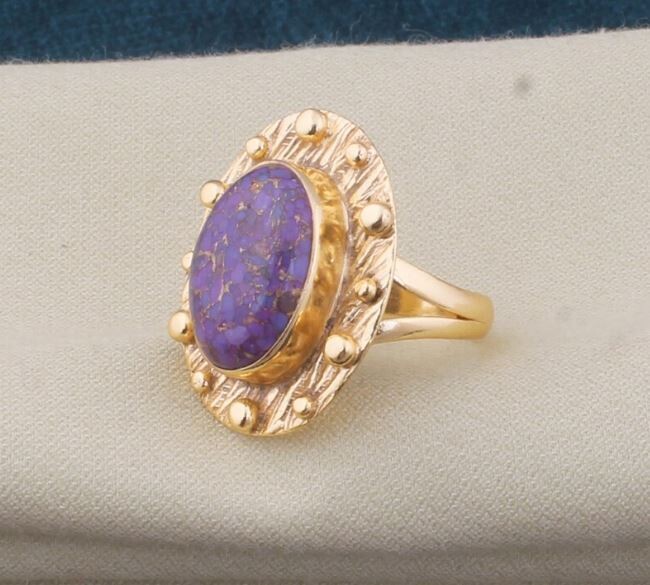 Purple Copper Turquoise 22kt Gold Plated Brass Ring For Men Women, Handmade Oval Gemstone Gold Ring Gifts Idea Wedding Anniversary Birthday