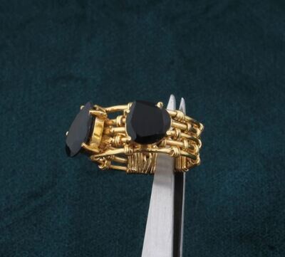 Black Onyx Wire Wrapped 22kt Gold Plated Brass Ring For Men Women, Handmade Two Gemstone Gold Ring Gifts Idea Wedding Anniversary Birthday