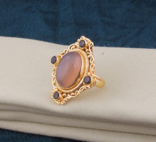 Rose &amp; Smoky Quartz 22kt Gold Plated Brass Ring For Men Women, Handmade Oval Gemstone Gold Ring Gifts For Her Wedding Anniversary Birthday