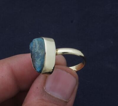 Raw Blue Apatite 22kt Gold Plated Brass Ring For Men Women, Handmade Rough Gemstone Gold Ring Gifts For Her Wedding Anniversary Birthday