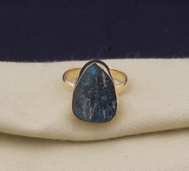 Raw Blue Apatite 22kt Gold Plated Brass Ring For Men Women, Handmade Rough Gemstone Gold Ring Gifts For Her Wedding Anniversary Birthday
