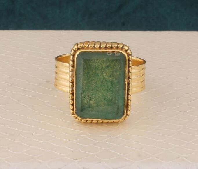 Emerald Cut Green Cherry Quartz Gemstone Brass Band Ring, 22k Gold Plated Ring, Emerald Stone Ring Handmade Emerald Gemstone Women Ring Gift