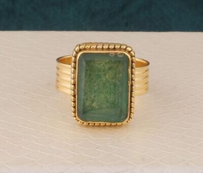 Emerald Cut Green Cherry Quartz Gemstone Brass Band Ring, 22k Gold Plated Ring, Emerald Stone Ring Handmade Emerald Gemstone Women Ring Gift