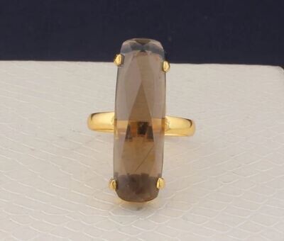 22k Gold Plated Ring, Smokey Quartz Gemstone Brass Ring, Long Stone Ring, Boho Silver Ring, Handmade Gemstone Women Ring, Gift For Her