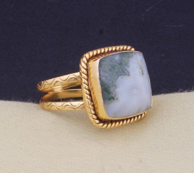 22k Gold Plated Ring, Nature Green Moss Agate Ring For Women, Moss Agate Band Ring, Green Moss Agate Engagement Ring, Moss Agate Jewelry