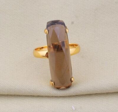22k Gold Plated Ring, Smokey Quartz Gemstone Brass Ring, Long Stone Ring, Boho Silver Ring, Handmade Gemstone Women Ring, Gift For Her