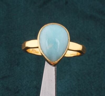 Hand Hammered Larimar Ring For Women, Band Ring, 22k Gold Plated Ring, Blue Larimar Gemstone Engagement Ring, Larimar Gemstone Jewelry Women