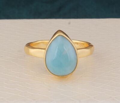 Hand Hammered Larimar Ring For Women, Band Ring, 22k Gold Plated Ring, Blue Larimar Gemstone Engagement Ring, Larimar Gemstone Jewelry Women