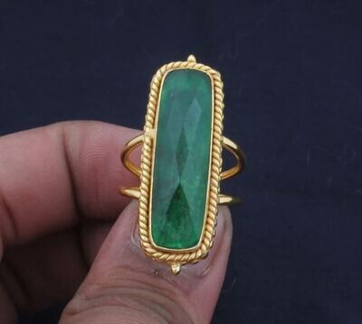 Green Jade Gemstone Brass Ring, 22k Gold Plated Ring, Long Stone Ring, Boho Ring, Dainty Ring, Handmade Gemstone Women Ring, Gift For Women