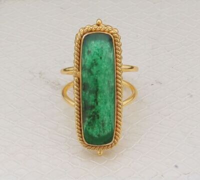 Green Jade Gemstone Brass Ring, 22k Gold Plated Ring, Long Stone Ring, Boho Ring, Dainty Ring, Handmade Gemstone Women Ring, Gift For Women