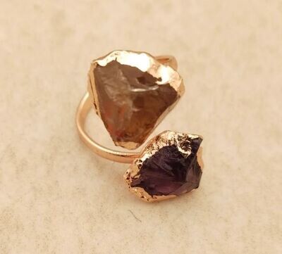 Raw Amethyst &amp; Citrine Stone Ring, Electroplated Copper Adjustable Ring Birthstone Ring. Amethyst Ring, Raw Gemstone Jewelry For Women Gifts
