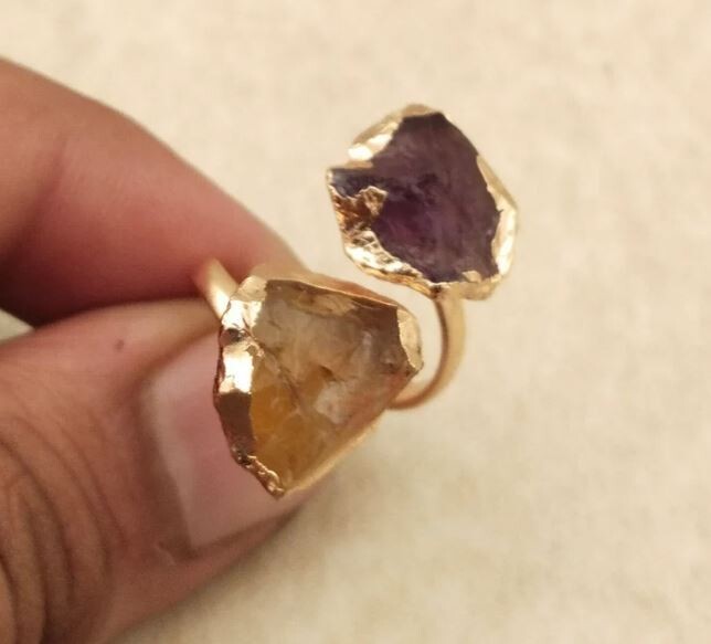 Raw Amethyst &amp; Citrine Stone Ring, Electroplated Copper Adjustable Ring Birthstone Ring. Amethyst Ring, Raw Gemstone Jewelry For Women Gifts