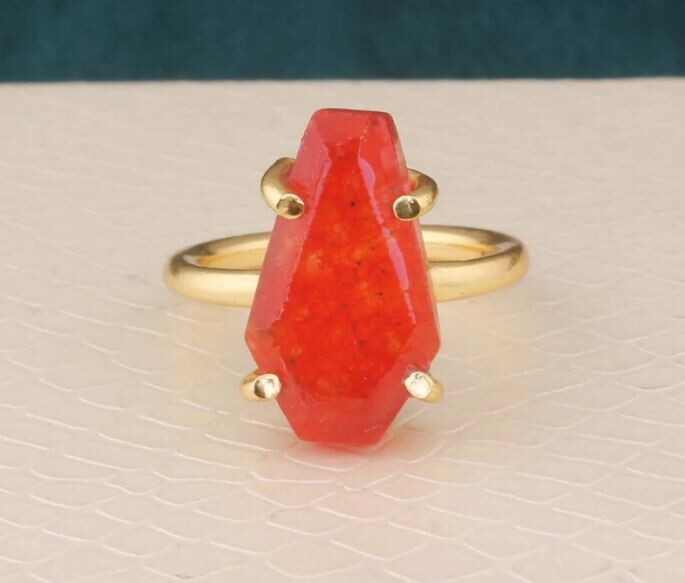 Orange Jade Ring, 925 Sterling Silver Ring, 22k Gold Plated Ring, Prong Set Ring, Statement Ring, Gemstone Ring, Handmade Ring, Gift For Her