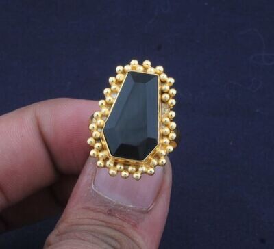 Coffin Band Ring, Onyx Gemstone Brass Ring, Handmade Ring, 22k Gold Plated Ring, Coffin Black Stone Ring, Women Ring Gift For Her