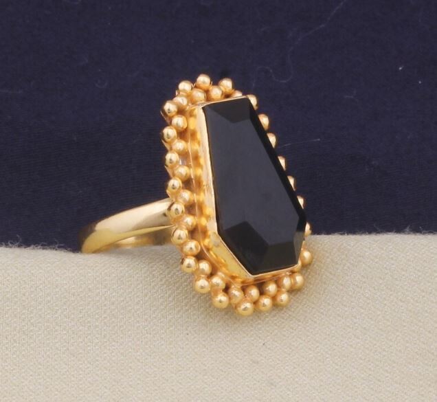 Coffin Band Ring, Onyx Gemstone Brass Ring, Handmade Ring, 22k Gold Plated Ring, Coffin Black Stone Ring, Women Ring Gift For Her