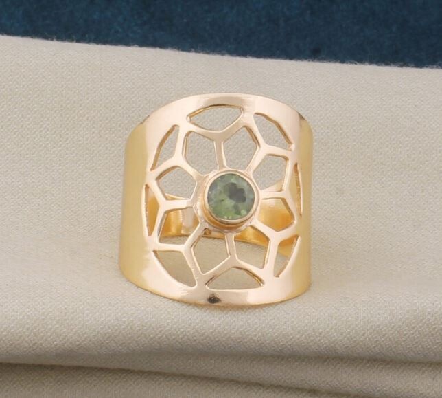 Peridot Gemstone Flower Brass Ring, Handmade Ring, Statement Ring, 22k Gold Plated Ring, Handmade Boho Ring, Women Ring, Gift For Her