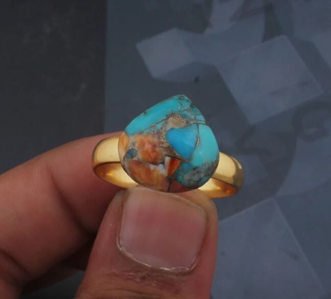 Oyster Copper Turquoise Gemstone Brass Ring, Handmade Ring, Statement Ring, 22k Gold Plated Ring, Adjustable Ring, Women Ring, Gift For Her