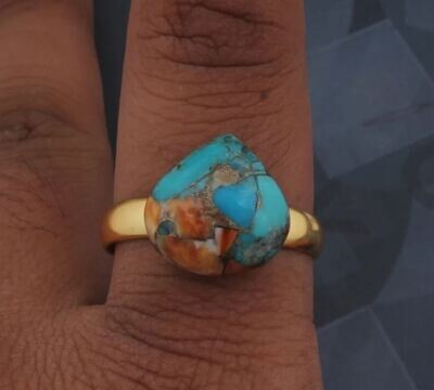 Oyster Copper Turquoise Gemstone Brass Ring, Handmade Ring, Statement Ring, 22k Gold Plated Ring, Adjustable Ring, Women Ring, Gift For Her