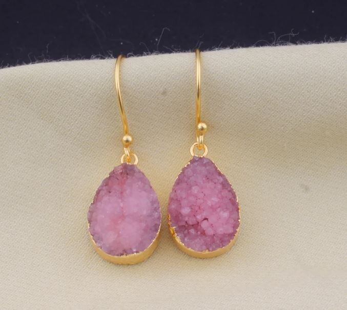 Pink Druzy Gemstone Earring 22k Gold Plated For Women, Pink Gemstone Earring For Her, Electroplating Earrings, Handmade Earrings For Women