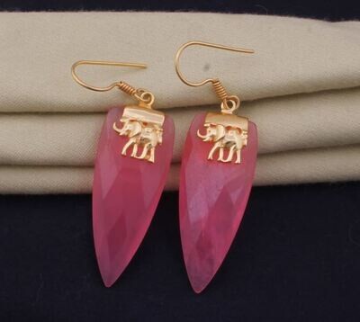 Elephant 18k Gold Plated For Women, Pink Jade Dagger Gemstone Earring For Her, Gold Plated Pink Jade Earrings, Handmade Earrings For Women