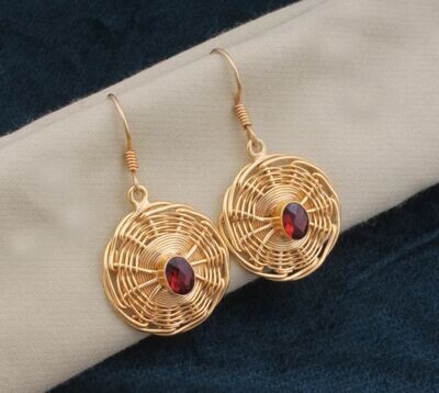 Red Garnet Gemstone Earrings, 22k Gold Plated For Women, Gold Plated Garnet Earrings, Weave Basket Circle Dangle Earring For Women Jewelry