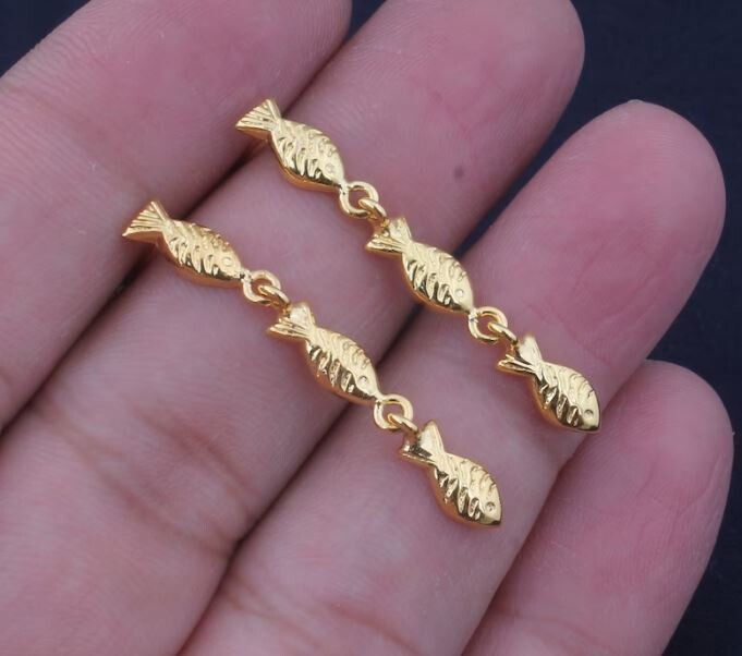 22k Gold Plated Long Earring, Swimming Fish Against The Current. School of Fish Earrings, Golden Fish Ring Sea Ocean Animal Earrings