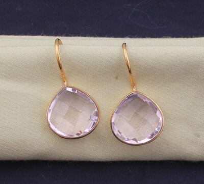 Pink Quartz 22k Gold Plated Pink Quartz Gemstone Earring For Her, Gold Plated Brass Earrings, Handmade Earrings For Women Jewelry Gift