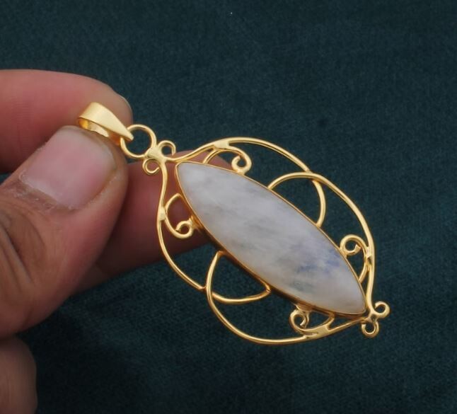 Moonstone Rainbow Wire Pendant, Natural Gemstone Pendant, 18K Gold Plated Pendant, Birthstone Pendant, Statement Pendant, Best Gift Idea