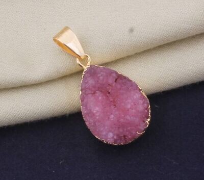 Raw Pink Druzy Gemstone Pendant, Electroplated Raw Pendant, Pear Shape Stone Crystal Necklace, Birthstone Gift Pendant, Raw Gemstone Pendant