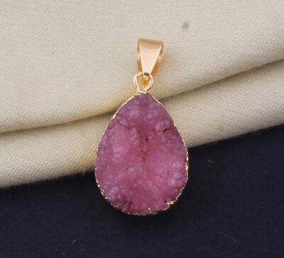 Raw Pink Druzy Gemstone Pendant, Electroplated Raw Pendant, Pear Shape Stone Crystal Necklace, Birthstone Gift Pendant, Raw Gemstone Pendant