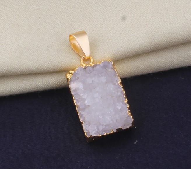 Raw White Druzy Gemstone Pendant, Electroplated Raw Pendant, Rectangle Crystal Necklace, Birthstone Gift Pendant, Raw Gemstone Pendant