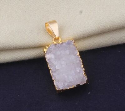 Raw White Druzy Gemstone Pendant, Electroplated Raw Pendant, Rectangle Crystal Necklace, Birthstone Gift Pendant, Raw Gemstone Pendant