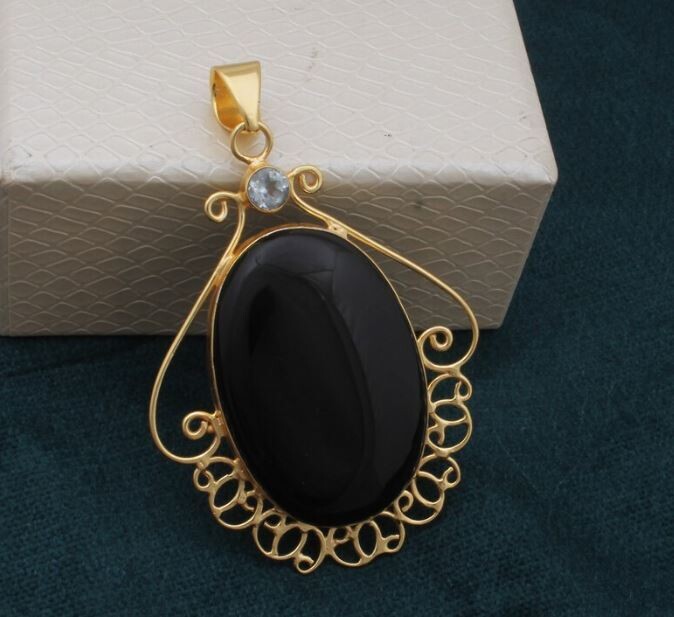 Black Onyx &amp; Blue Topaz Gemstone Pendant, Gemstone Pendant, 18K Gold Plated Pendant, Birthstone Pendant, Statement Pendant, Best Gift Idea