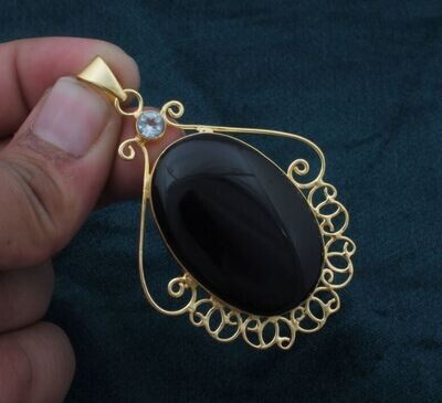 Black Onyx &amp; Blue Topaz Gemstone Pendant, Gemstone Pendant, 18K Gold Plated Pendant, Birthstone Pendant, Statement Pendant, Best Gift Idea