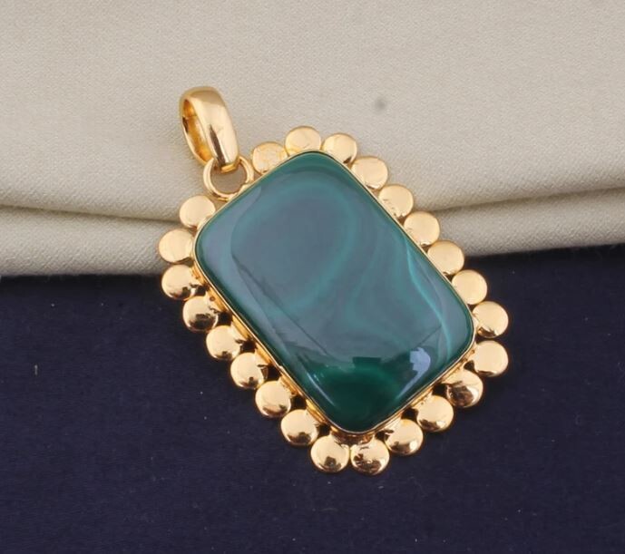 Malachite Gemstone Pendant, Malachite Rectangle Bar Shape Stone Pendant, 22K Gold Plated Pendant, Birthstone Pendant, Statement Pendant Gift